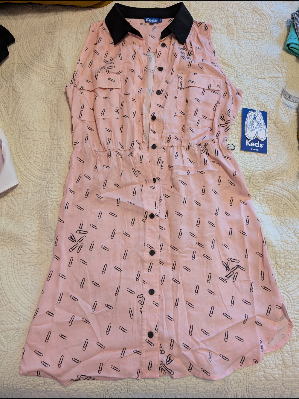 Keds Pink Sleeveless Button-Down Shirt Dress with Black Collar